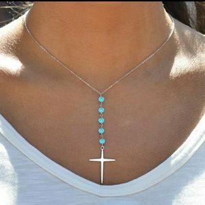 2.00 CTTW Genuine Turquoise Beaded Cross Necklace